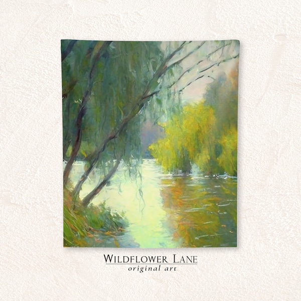 Graceful Willows River Tapestry - Large Boho Nature Landscape Wall Art for Living Room and Bedroom Decor