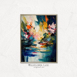 Printable Wall Art - Abstract Lily Pond Painting with Vibrant Pink, Orange White Flowers, Teal Blue Water, Instant Digital Download