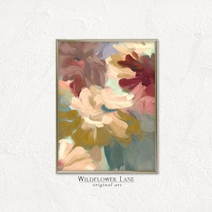 Printable Wall Art - Abstract Dahlia Blossoms Peach, Green and Burgundy - Instant Digital Download for Living Room and Entryway