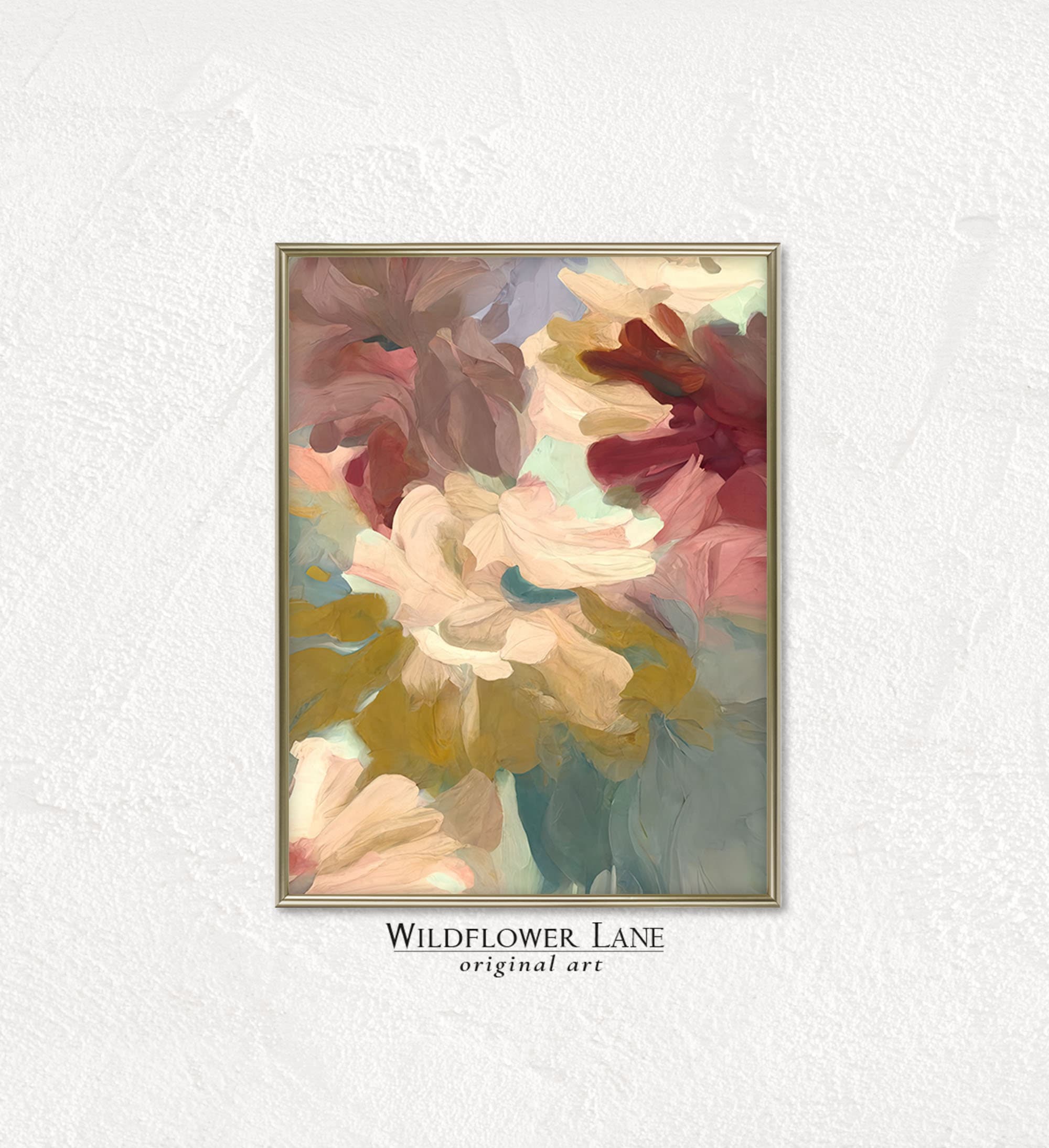 Printable Wall Art - Abstract Dahlia Blossoms Peach, Green and Burgundy - Instant Digital Download for Living Room and Entryway