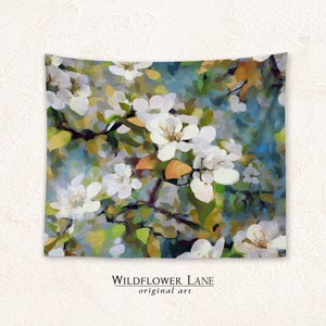 White Spring Blossoms, Large Flower Art Tapestry Fabric Wall Hanging Home Decor