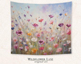 Wildflower Meadow Tapestry Wall Art, Boho Floral Fabric Wall Hanging for Home Decor