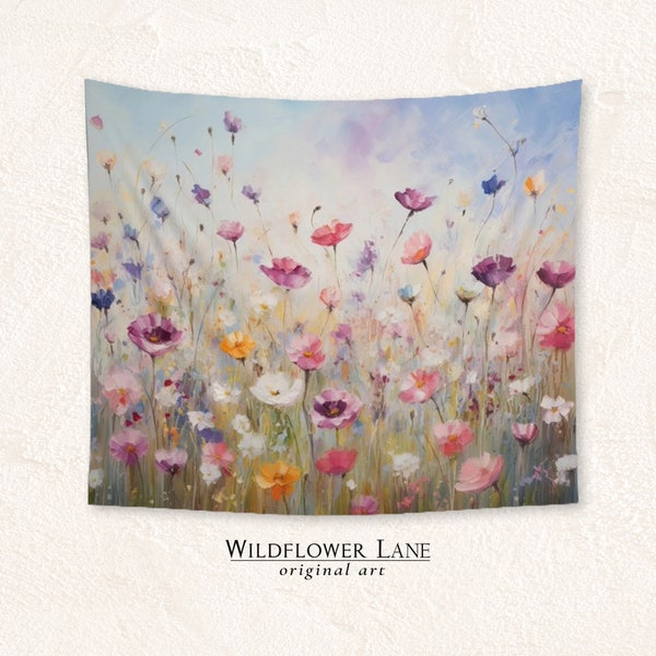 Wildflower Meadow Tapestry Wall Art, Boho Floral Fabric Wall Hanging for Home Decor