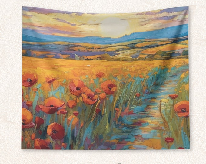 Vibrant Wild Poppies Floral Wall Tapestry - Fabric Wall Hanging Art, Boho Decor for Home, Dorm, and Office