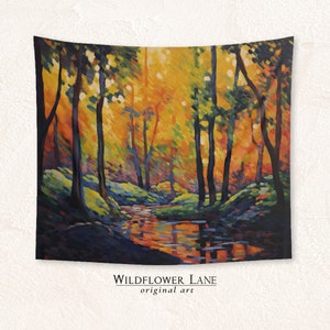 Wall Tapestry Art - Moody Modern Forest Scene Rich Vibrant Colors, Nature Inspired Art Fabric for Home Decor