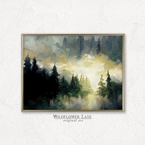 Printable Wall Art - Contemporary Abstract Landscape Mystical Forest Golden Glow - Instant Digital Download