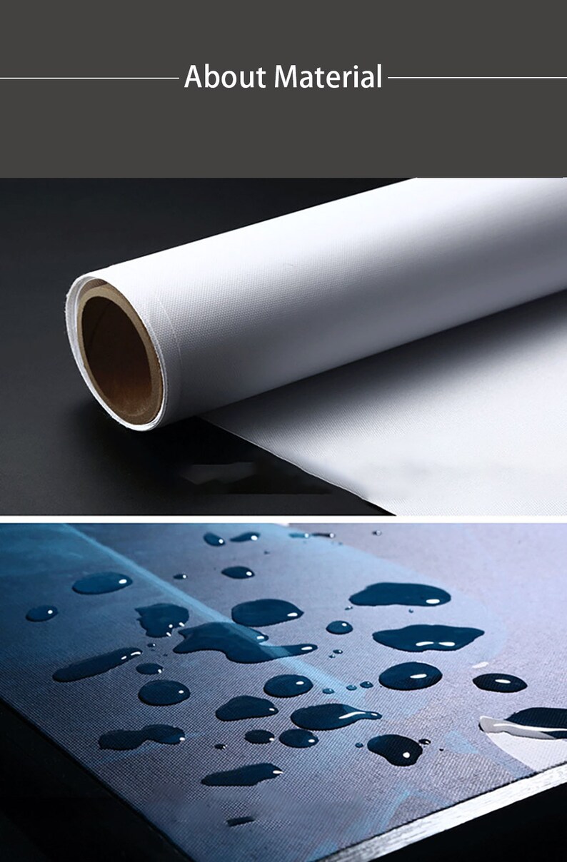 May include: A close-up of a white canvas roll, showing the texture of the material. Water droplets are shown on a similar canvas surface, demonstrating its water-resistant properties.