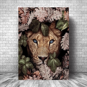 Flower Animal Canvas Print || Lioness Wall Art Canvas Poster || Inspirational Lion Living Room Decor