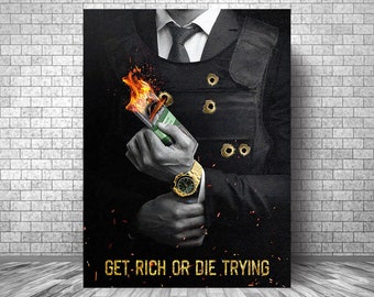 Get RICH Or Die TRYING Motivation Canvas || Wall Art Motivation Canvas || Inspirational Money Poster