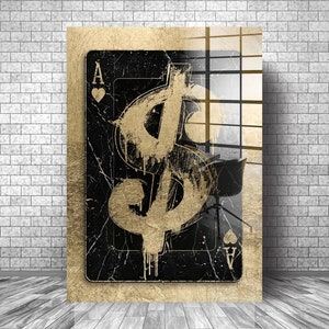 Motivierende abstrakte Golddollar-Leinwand || Geld-Wand-Kunst-Motivations-Leinwand || Inspirierender Leinwanddruck mit Ace-Karte