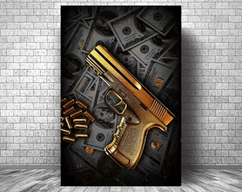 GUN With MONEY Motivation Canvas || Wall Art Motivation Canvas || Pistol And Dollar Inspirational Canvas Print