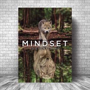 May include: A motivational poster featuring a wolf pup walking through a forest with its reflection in a pool of water. The text "MINDSET IS EVERYTHING" is printed below the image.