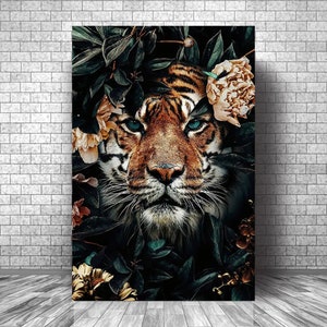 Flower Animal Canvas Print || TIGER Wall Art Canvas Poster || Flower Tiger Inspirational Living Room Decor