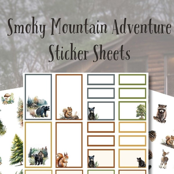 Smoky Mountain Sticker Sheets, Great Smoky Mountains,  Black Bears, Cabins, Tennessee, Woodland Animals, Planner Stickers