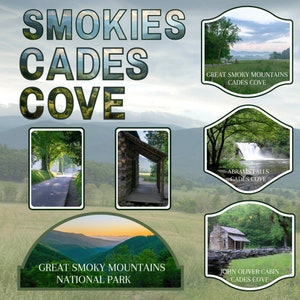 May include: A collage of images showcasing the beauty of the Great Smoky Mountains National Park, specifically Cades Cove. The images include a scenic road winding through a forest, a rustic cabin with a porch, a waterfall cascading down a rocky cliff, and a historic log cabin. The text "SMOKIES CADES COVE" is displayed in large, bold letters at the top of the image.