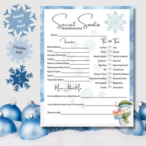 Wichtel Fragebogen Printable, druckbare Wunschliste, ausfüllbar Weihnachtsgeschenk Börse Wunschliste, Wichtel umfrage, Schneemann, Blau