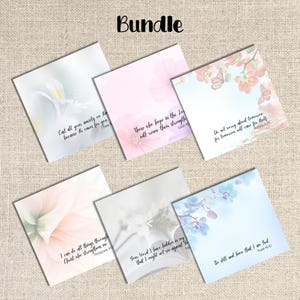 May include: A bundle of six square cards with floral designs and inspirational quotes. The cards feature soft pastel colors, including pink, blue, and white, with text such as "Cast all your anxiety on him" and "Be still and know that I am God."