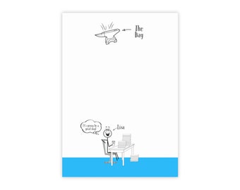 Può includere: Un'illustrazione in bianco e nero di una persona seduta a una scrivania con una pila di carte. La persona sorride e ha un fumetto sopra la testa che dice "Sarà una bella giornata!" Il testo "Lisa" è scritto accanto alla persona. Sopra la persona c'è un'illustrazione in bianco e nero di un'incudine con il testo "The Day" accanto.