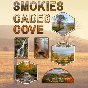 May include: A collage of images showcasing scenic views of the Great Smoky Mountains National Park, including Cades Cove, the Little Pigeon River, and the Roaring Fork Motor Nature Trail.