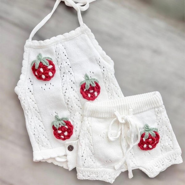 Strawberry Embroidered Knit Baby Set | Boho Summer Crochet Toddler Outfit | Hand Embroidery | Custom Kid Clothing | Personalized