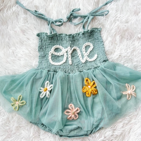 Custom First Birthday Tutu Romper | Hand Embroidered One Tulle Dress | Personalized Bday Embroidered Romper