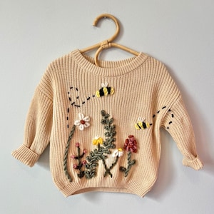 Custom Baby Floral and Bee Sweater | Personalized Embroidered Knit | Hand Embroidered Kid and Toddler | Vintage | Boho Style | Child Knit