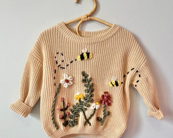 Custom Baby Floral and Bee Sweater | Personalized Embroidered Knit | Hand Embroidered Kid and Toddler | Vintage | Boho Style | Child Knit