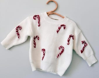 READY TO SHIP 9-12 month Candy Cane Christmas Embroidered Sweater | Toddler, Child, Baby Knit | Personalized  Holiday | Kid Xmas Shirt