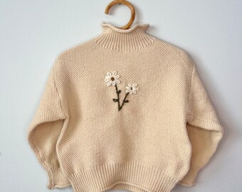 READY TO SHIP Hand Embroidered Daisy Sweater | Baby Knit Clothes | Floral Embroidery | Newborn Knit Clothes | Vintage Style