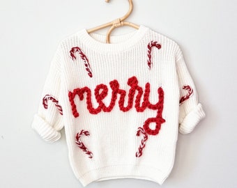 Merry Christmas Hand Embroidered Sweater | Toddler, Child, Baby Knit | Personalized Oversized Sweater | Holiday Sweatshirt | Kid Xmas Shirt