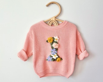 Personalized Birthday Flower Baby Sweater | First Birthday Outfit | Second Birthday | Hand Embroidered | 1st Birthday Outfit | Embroidery