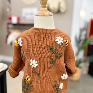 Boho Baby Floral and Bee Sweater Personalized Embroidered Knit Hand Embroidered Kid and Toddler Vintage Custom Style Child Knit image 2