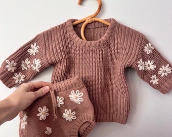 Hand Embroidered Daisy Infant Outfit | Boho Baby Clothes | Floral Embroidery | Newborn Knit Bloomers | Toddler Sweater