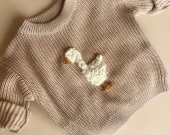 Embroidered Goose Newborn  Sweater | Birth Pregnancy Hospital Announcement | Personalized Infant Knit | Baby Shower Gift | Hand Embroidery