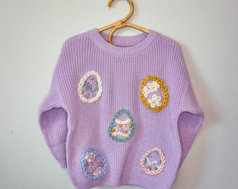 Easter Egg Hand Embroidered Sweater | Custom Baby Knit | Personalized Kid, Toddler Sweatershirt | Newborn