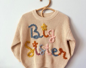 Big Sister Pregnancy Announcement Sweater | Big Brother | Personalized Kid Knit | Lil Bro | Lil Sis | Custom | Chunky Hand Embroidered Top