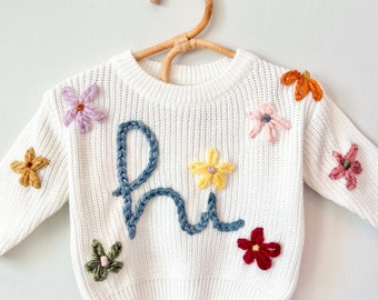 Newborn Hi Hand Embroidered 0-3 month  Sweater | Birth Pregnancy Hospital Announcement | Personalized Infant Name Knit | Baby Shower Gift