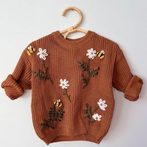 Boho Baby Floral and Bee Sweater Personalized Embroidered Knit Hand Embroidered Kid and Toddler Vintage Custom Style Child Knit image 1