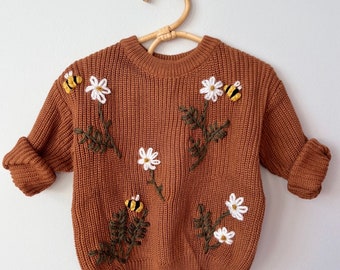 Boho Baby Floral and Bee Sweater | Personalized Embroidered Knit | Hand Embroidered Kid and Toddler | Vintage | Custom Style | Child Knit