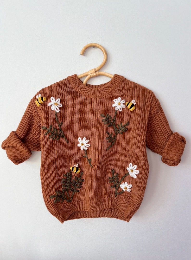 Boho Baby Floral and Bee Sweater Personalized Embroidered Knit Hand Embroidered Kid and Toddler Vintage Custom Style Child Knit image 1