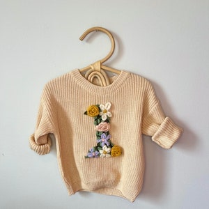 Personalized Birthday Flower Baby Sweater First Birthday Outfit Second Birthday Hand Embroidered 1st Birthday Outfit Embroidery image 6