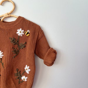 Boho Baby Floral and Bee Sweater Personalized Embroidered Knit Hand Embroidered Kid and Toddler Vintage Custom Style Child Knit image 3