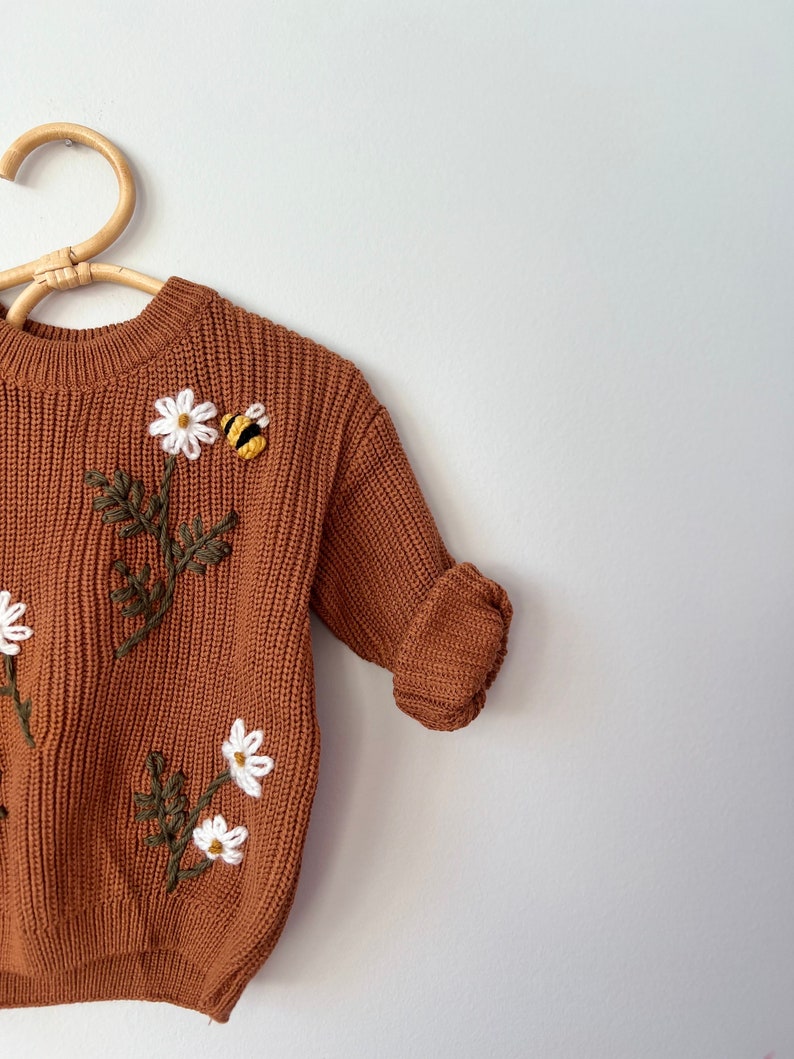 Boho Baby Floral and Bee Sweater Personalized Embroidered Knit Hand Embroidered Kid and Toddler Vintage Custom Style Child Knit image 3