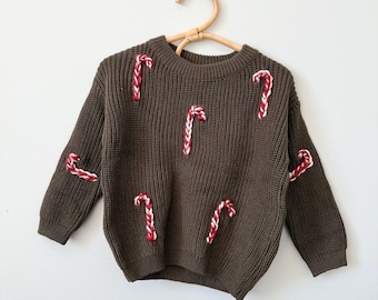 READY TO SHIP Candy Cane Christmas Embroidered Sweater | Toddler, Child, Baby Knit | Personalized Oversized Holiday | Kid Xmas Shirt