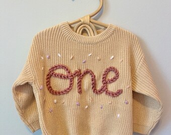 Custom Birthday Kid Sweater | First Birthday | Second Birthday | Child, Toddler Hand Embroidered Knit | Confetti Bday Outfit | Embroidery