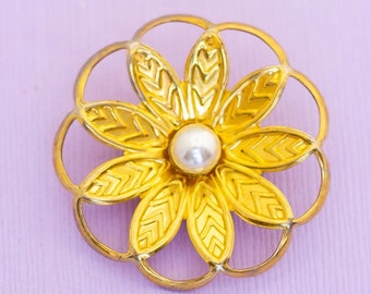 Broche Ancienne Art Nouveau Plaquée Or - Décor Fleurs Et Perle, Vintage Français, Occasion