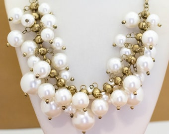 20 inch, Vintage Multiple White Faux Pearl Beads Gold Tone Bib Necklace - AB28