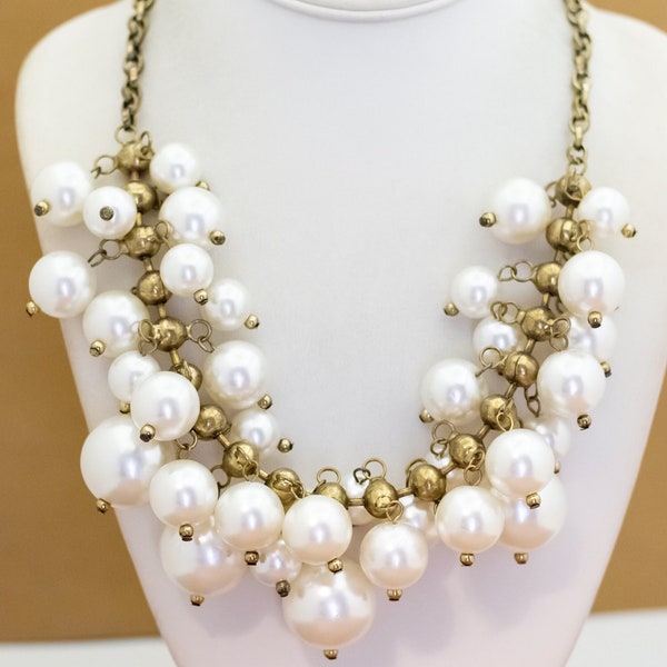 20 inch, Vintage Multiple White Faux Pearl Beads Gold Tone Bib Necklace - AB28