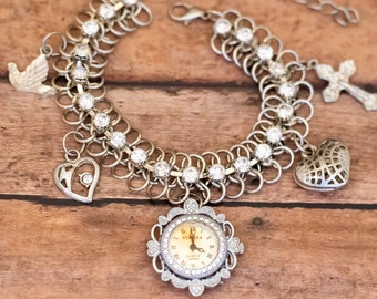 8 inch, Vintage Clock Time Watch Clear Rhinestones Love Celtic Charm Bracelet - AB27