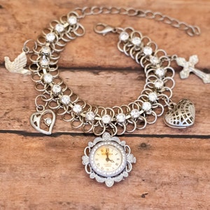 8 inch, Vintage Clock Time Watch Clear Rhinestones Love Celtic Charm Bracelet - AB27